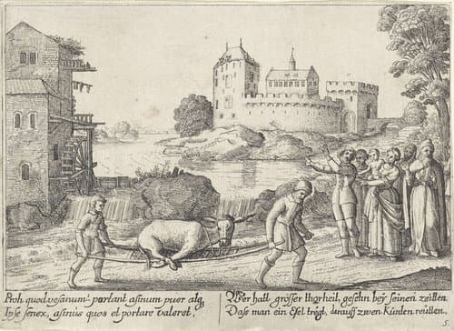 Fabel van de boer en zijn ezel; De boer en zijn zoon dragen de ezel op een draagbaar by Wenceslaus Hollar