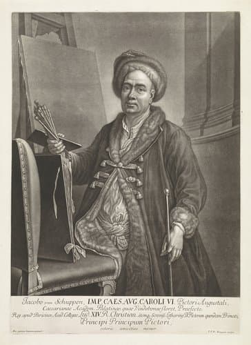 Portret van Jacob van Schuppen in zijn atelier by Jan van der Bruggen