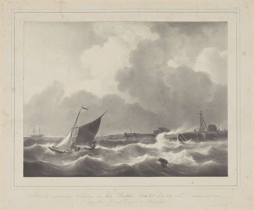 Zeilboot op hoge golven bij een haven by Leonard de Koningh