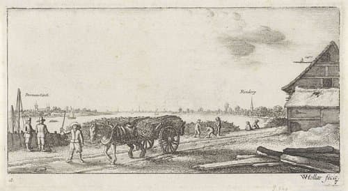 Riviergezicht vanaf een houtwerf op Rheinkassel en Rheindorf by Wenceslaus Hollar