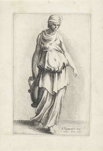 Staande vrouw in klassiek gewaad met vaas by Wenceslaus Hollar