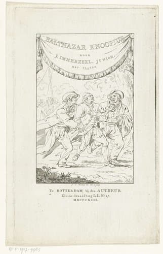 Dronken kleermaker Balthazar Knoopius ondersteund door twee mannen by Johannes Christiaan Bendorp