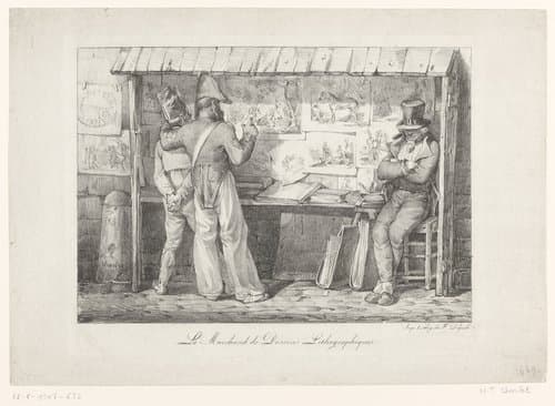 Twee soldaten voor een kraam met lithografieën by Nicolas Toussaint Charlet