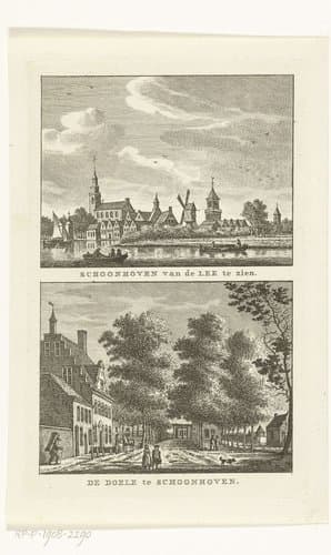 Gezicht op Schoonhoven vanaf de Lek en dorpsgezicht met de Doelen te Schoonhoven by Carel Frederik Bendorp (I)