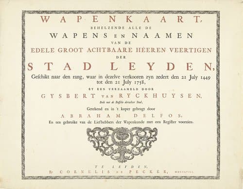 Titel en titelvignet met krulornamenten in rechthoekige ornamentlijst by Abraham Delfos