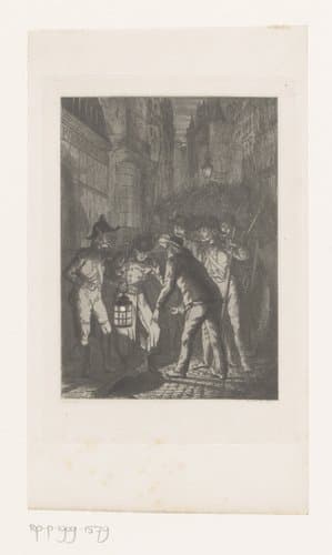 Nachtscène waarin een man een plek op de grond aanwijst voor de gendarmerie by Adrien Aubry