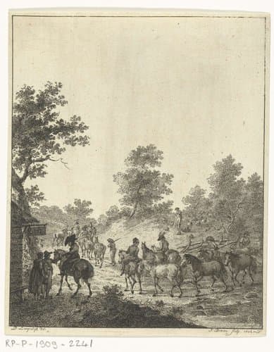 Een groep cavaleriepaarden bij een herberg by Joannes Bemme