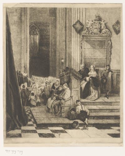 Interieur van een kerk tijdens de preek
