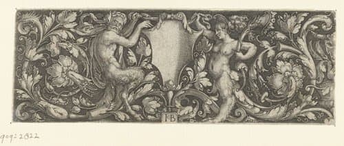 Fries met een schild gedragen door een mannelijke en een vrouwelijke satyr by Jacob Binck