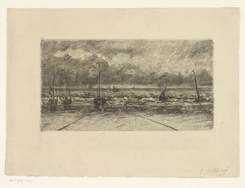 Schepen aan land bij de kust by E. Dufuissaux