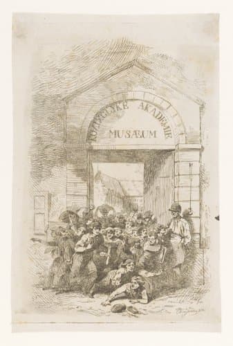 Grote groep jongens rent naar buiten door de poort van de Koninklijke Academie te Antwerpen by Edouard Dujardin