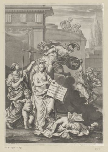 Allegorische voorstelling met een genie omgeven door mythologische figuren by François Chauveau