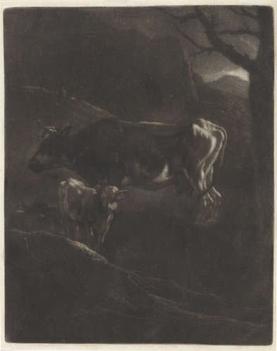 Avondlandschap met een koe en een kalf by Wallerant Vaillant