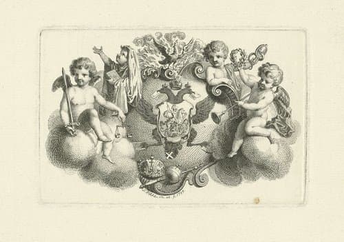 Putti rond een gekroond wapenschild by Simon Fokke