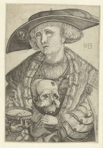 Zelfportret met schedel en schaal by Jacob Binck