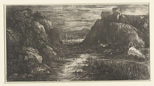 Landschap met vergezicht op stad by Rodolphe Bresdin