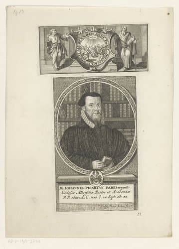 Portret van Johann Picardt op 44-jarige leeftijd en een vignet met voorstelling van de uitstorting van de Heilige Geest