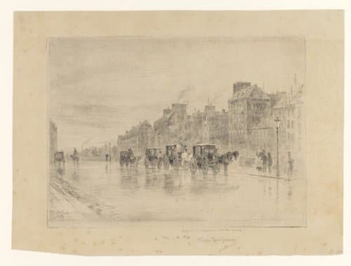 Gezicht op een straat met koetsen op een regenachtige dag by Félix Hilaire Buhot