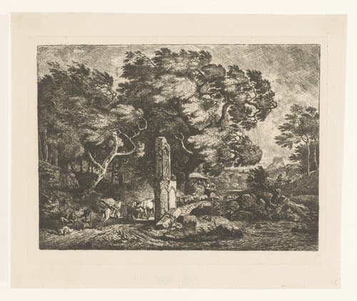 Windvlaag waait langs bomen en een stenen brug met figuren en dieren by Jean Louis Demarne