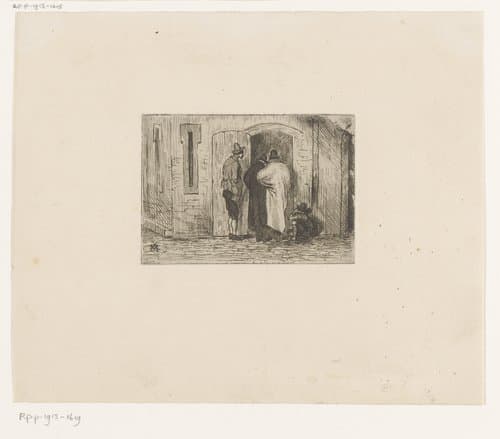 Vier mannen kijken door een deuropening een gebouw binnen by Xavier Mellery