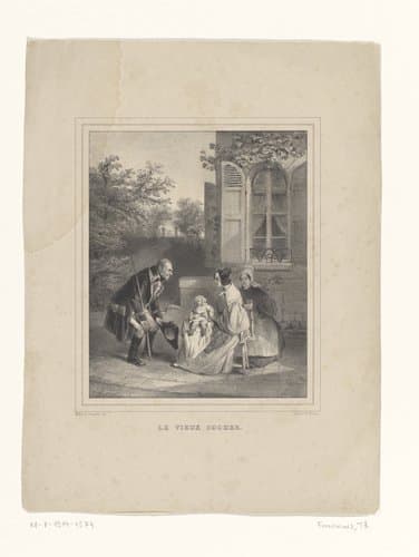 Koetsier begroet twee vrouwen en een baby by Théodore Fourmois