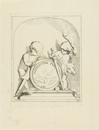 Putti staand bij medaillon met graftombe by Abraham Delfos