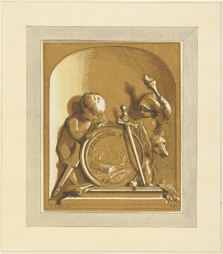 Putti staand bij medaillon met graftombe by Abraham Delfos