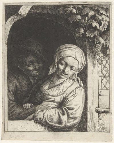Boer en boerin als liefdespaar in deuropening by Adriaen van Ostade