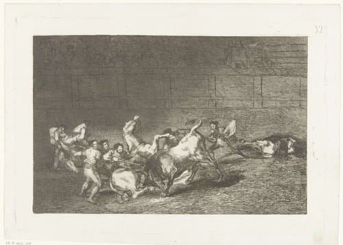 Picador steekt een lans in een stier by Francisco de Goya