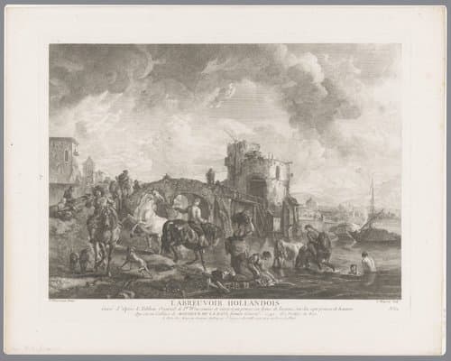 Verschillende figuren en paarden bij het water voor een brug by Jean Moyreau