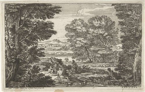 Landschap met twee personen tegenover elkaar zittend by Adriaen van der Kabel
