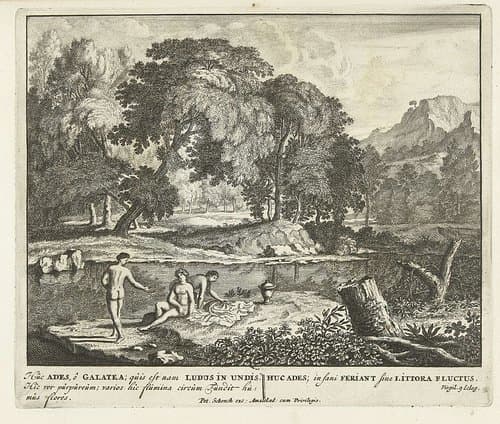 Drie nimfen baden in een meertje