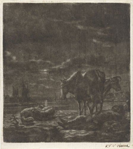 Nachtlandschap met slapende herder en vee