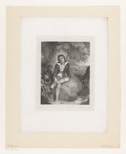 Jongen zittend op steen by Justus Adrianus Henricus Netscher