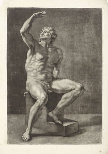 Figuurstudie van een zittend mannelijk naakt met opgeheven rechterarm by Jacob Christof Le Blon