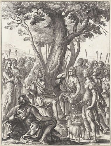 Herder Meliboeus beoordeelt het spel van de herders Corydon en Thyrsis by Wenceslaus Hollar