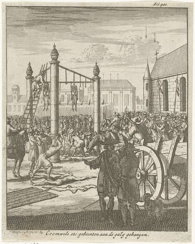 Lijk van Oliver Cromwell postuum geëxecuteerd en aan de galg gehangen op 30 januari 1661
