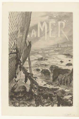 Omslag voor album La Mer met zeegezicht en vissersnet met zeewier op strand by Félix Bracquemond