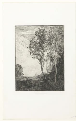 Italiaans landschap met bomen en kerk by Camille Corot