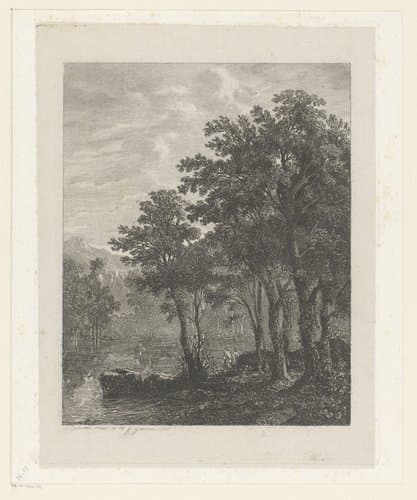 Berglandschap met loofbomen en twee figuren aan een meer by Alexandre Calame