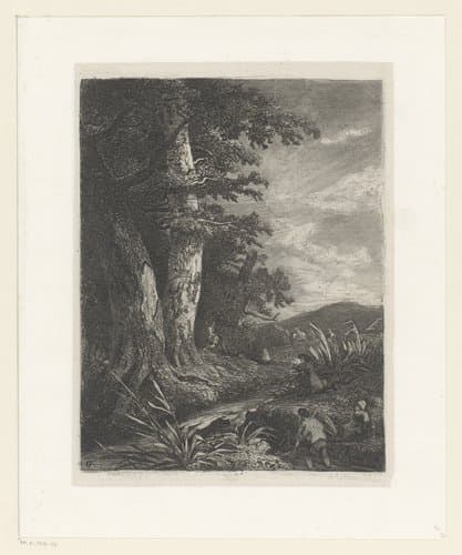 Heuvelachtig landschap met jagers en een hert bij een boom by Alexandre Calame