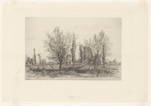 Landschap met weide en zicht op een stad