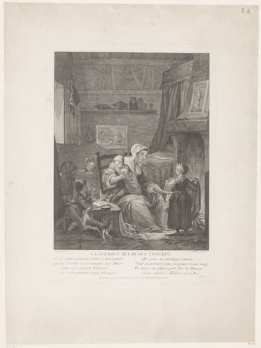 Interieur met min en kinderen aan het haardvuur by Claude Augustin Duflos