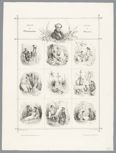 Portret van François-René de Chateaubriand en negen voorstellingen uit zijn roman 'Atala' by Victor Adam