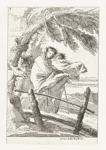 Heilige familie loopt over kleine brug tijdens vlucht naar Egypte by Giovanni Domenico Tiepolo