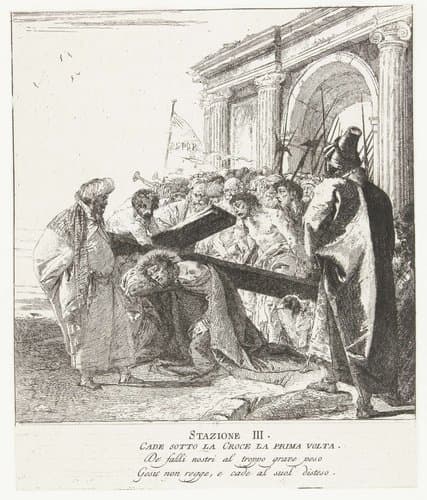 Christus bezwijkt onder kruis bij kruisdraging by Giovanni Domenico Tiepolo