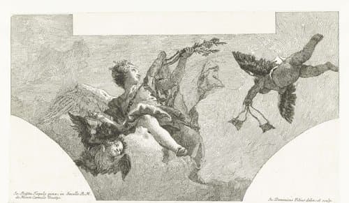 Engel met tros lelies en twee cherubijnen en putto met scapulier by Giovanni Domenico Tiepolo