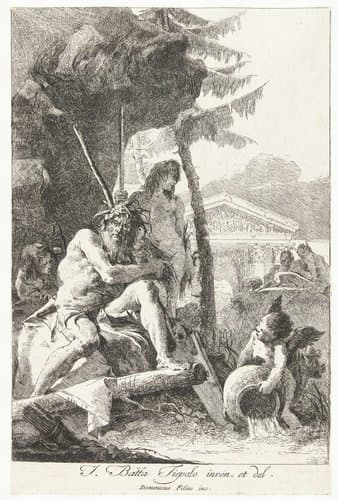 Riviergod en twee jonge mannen en putto op oever by Giovanni Domenico Tiepolo
