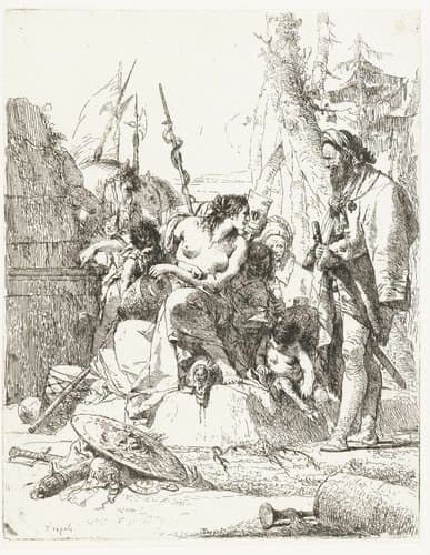 Vrouw met twee saterkinderen praat met man by Giovanni Battista Tiepolo