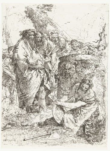 Vrouw met schaal zit voor altaar bij twee tovenaars en andere figuren by Giovanni Battista Tiepolo